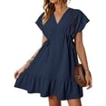 thumbnail image 1 of Offres jusqu'à 70 % de Rabais! Hauts d'Été pour Femmes 2024 Grande Taille Robes de Mode Manches Courtes Col en V Cordon Décontracté à Volants Robe Trapèze Courte Cadeau pour Femmes en Solde, 1 of 9