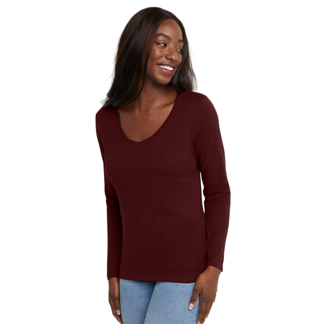 Hanes T-Shirt en Coton à Manches Longues Col en V pour Femmes, TG, Mulled Berry