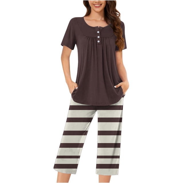 Timegard Ensembles de Pyjamas pour Femmes 2 Pcs Détente Col Rond Manches Courtes Haut Pantalon Capri à Rayures avec Poches Tenues