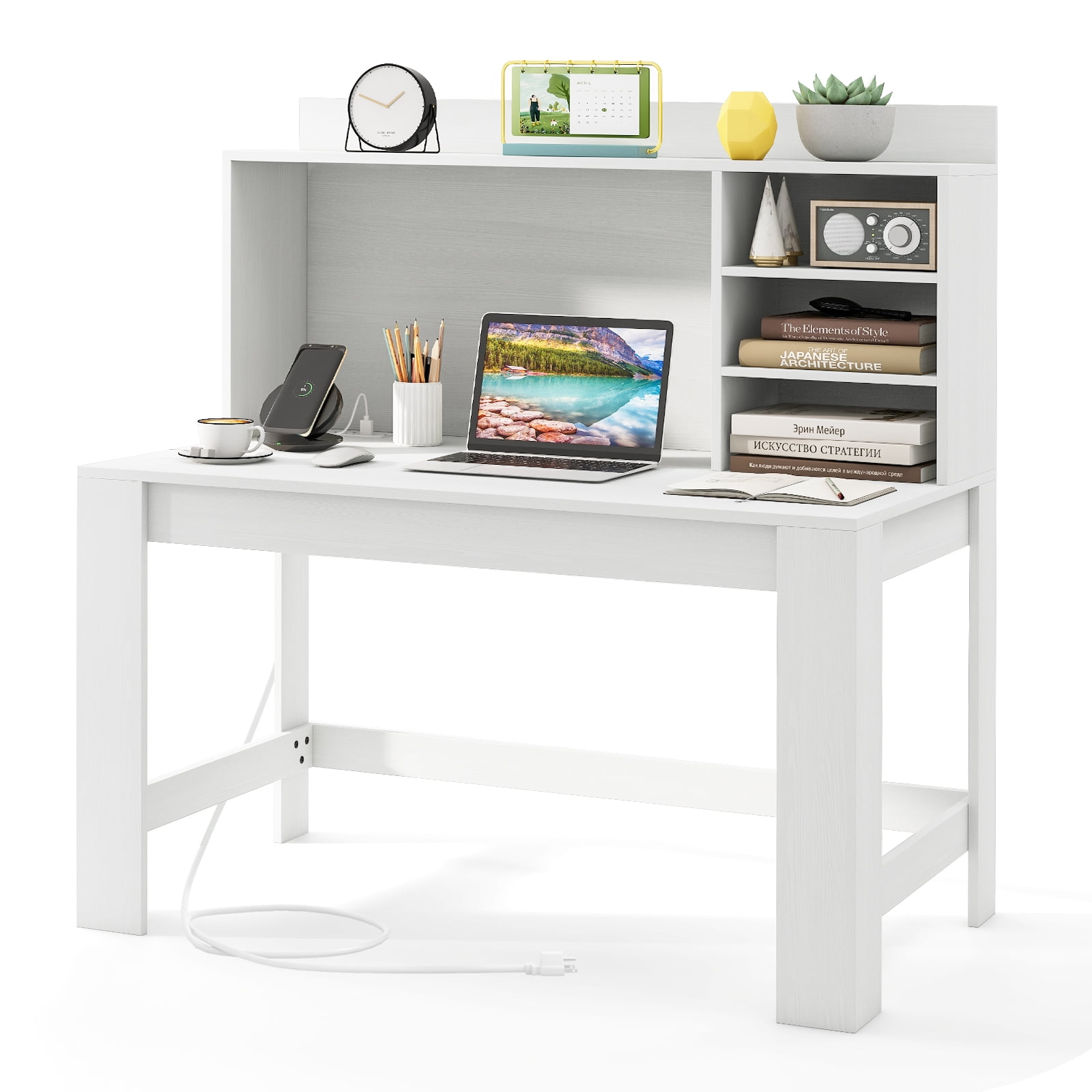 Gymax Computer Desk w/ Charging Station Writing Desk w/ Hutch Wide Desktop