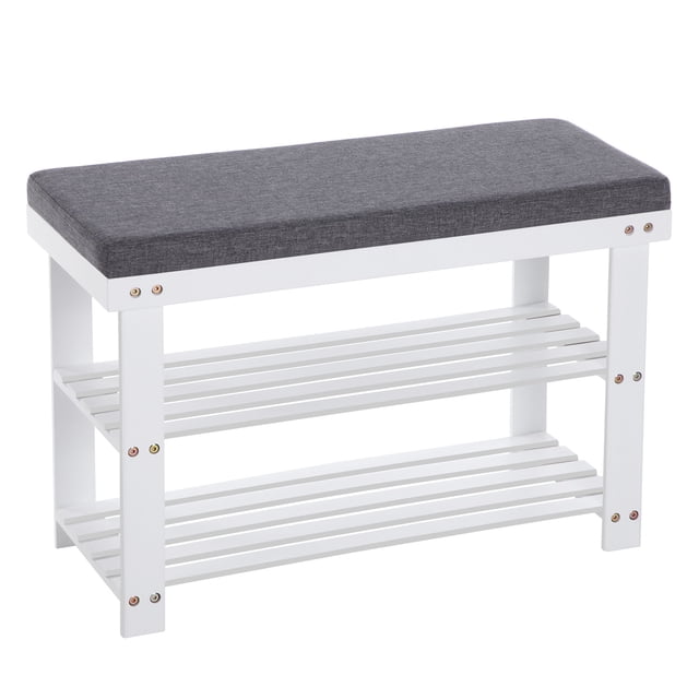 SONGMICS Bamboo Shoe Bench, 2-Tier Shoe Rack, 11.4 x 28 x 19.3 Inches, White and Gray