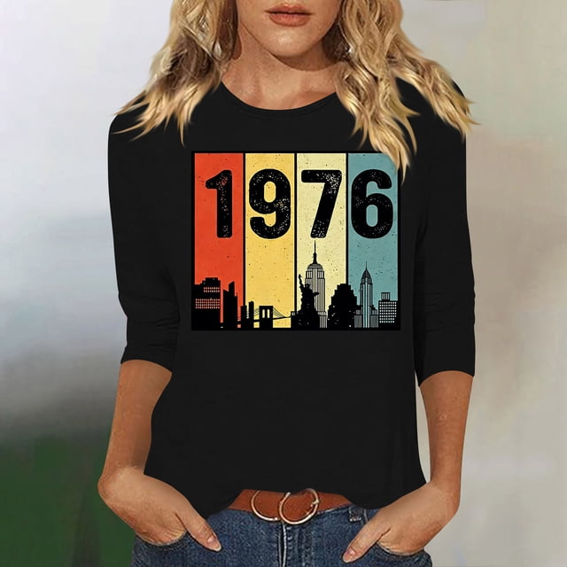 Uootdi Hauts pour Femmes Manches 3/4 Col Rond Imprimé Arc-en-Ciel Rétro 1976 Coupe Décontractée T-Shirts Nostalgiques d'Été Cadeau