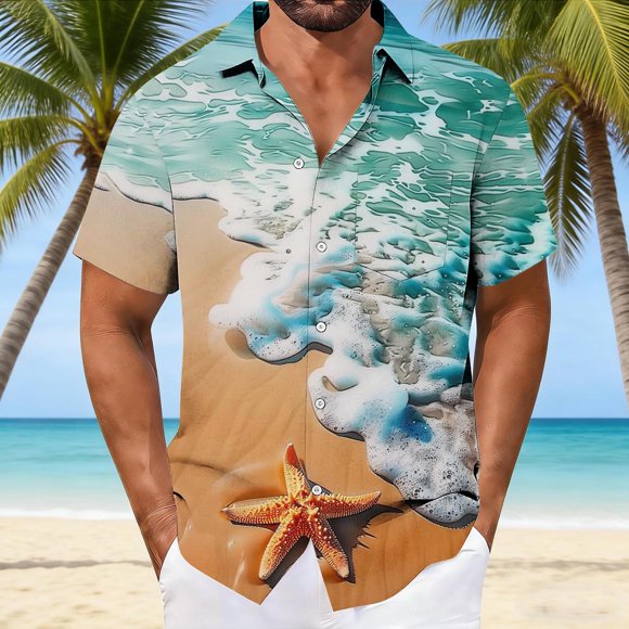 Ceisia Men's Surge Shallow Beach Starfish Print Short Sleeve Button Down Hawaiian Shirt With Chest Pocket Blue S Gifts