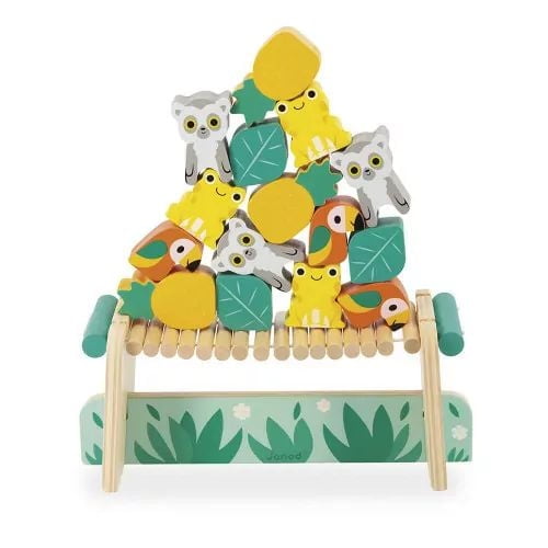 Janod - Jeu d'Équilibre Tropik Tropical - Jouet en Bois - 1 Pont à Construire et 15 Pièces Empilables - Jouet Éducatif : Motricité Fine - Peinture à l'Eau