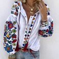 thumbnail image 1 of Women Flower Print Linen Button Long Lantern Sleeve Tunic Blouse National Shirt, 1 of 4
