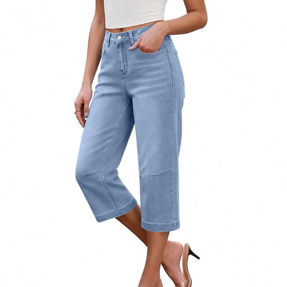 CFLVAEK Denim Capris for Women Loose Fit Straight Wide Leg Jean Capri Pants with Pockets Trendy Mid Waisted Cropped Pant Light Blue XXL