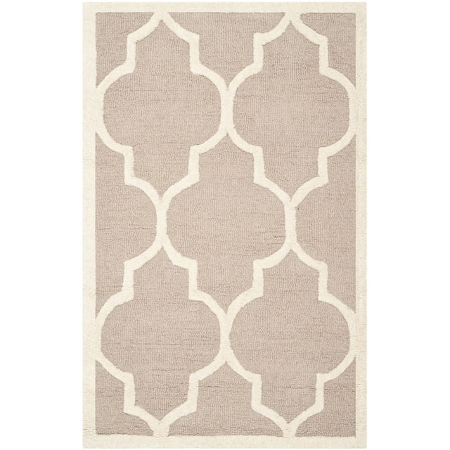 Safavieh Cambridge Kevin Geometric Area Rug in hand-tufted wool with a beige background and off-white geometric trellis pattern, featuring plush cut and textured loop piles, suitable for enhancing home or office accent spaces.