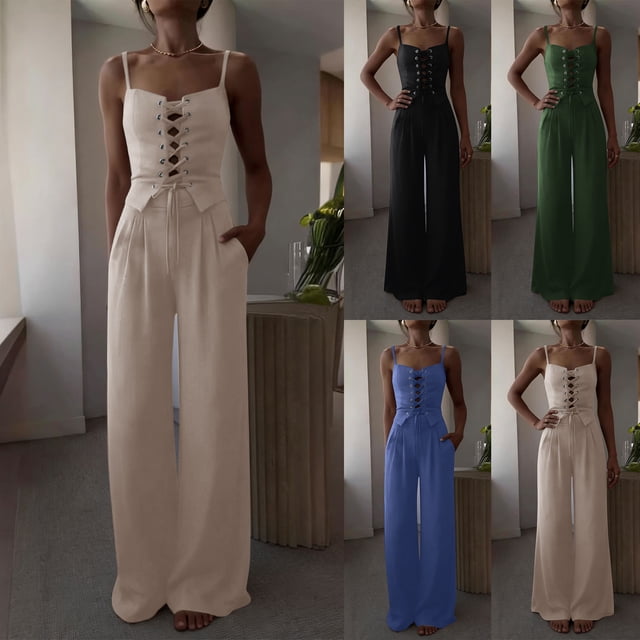 Women's Casual Solid Color Hollow Strap Top And Wide Leg Pants Two Piece Set Mid Rise Relaxed Fit Perfect for Summer Outfits Beach Vacation or Daily Wear Jumpsuit JASKFLY Navy S