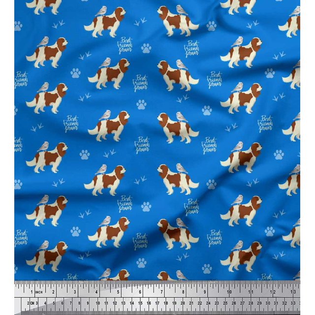 Soimoi Blue Satin Silk Fabric Bird,Paw & Cocker Spaniel Dog Print Sewing Fabric Yard 42 Inch Wide