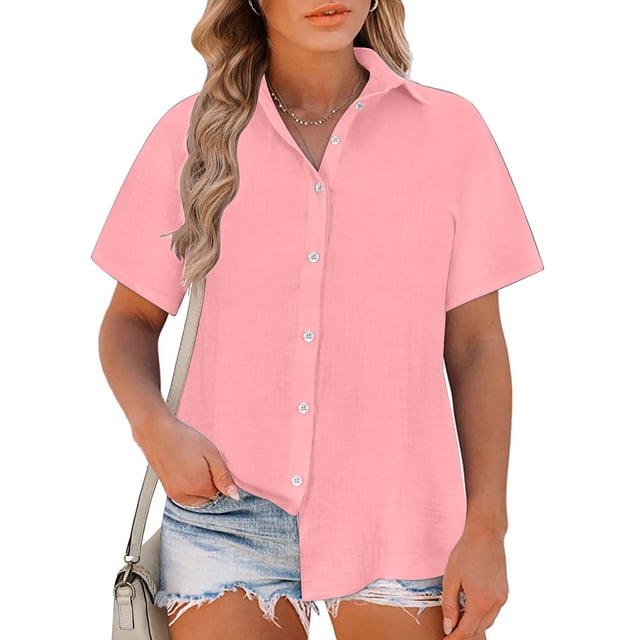 asjyhkr Plus Size Button down T Shirts for Women Linen Lightweight Comfy Soft Tees Summer Beach Tops Solid Color