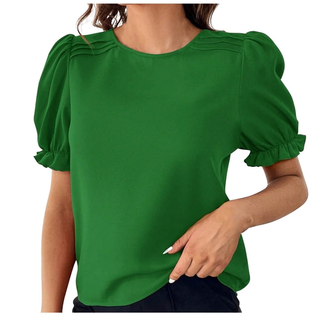 Besolor Tuniques d'Été pour Femmes à Col Rond, Volants, Manches Courtes, Chemises Décontractées Unies, T-Shirts pour Sorties