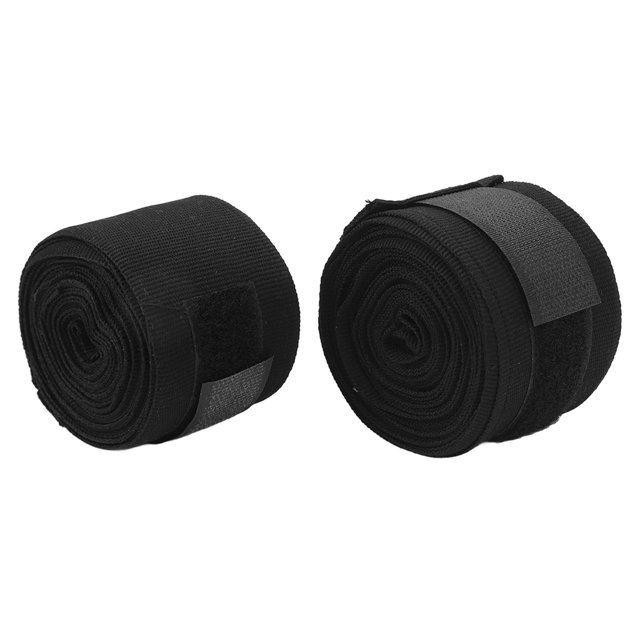 2 Pcs 16.4ft boxing handwraps made of cotton, designed for wrist support and knuckle protection in boxing, MMA, Muay Thai, and kickboxing. These martial arts accessories are black, quick-drying, and measure 5m in length. Includes two rolls with secure Velcro closures.