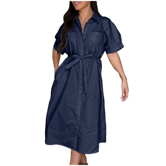 Lenpel Women's Shirt Dress Cotton Short Sleeve Button down Collared Belted Midi Dress Summer Casual Dresses with Pockets