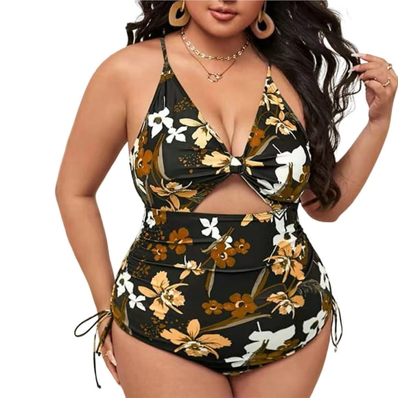 V-neck Spaghetti Straps Hollow Out Side Drawstring Women Monokini Summer Colorful Floral Print Plus Size One-piece Bikini Beachwear