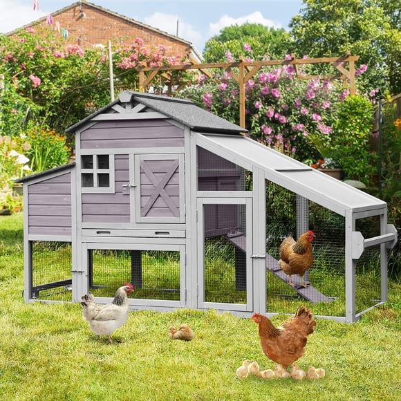 Aivituvin Large Chicken Coop with Wheels & Run, Mobile Hen House Outdoor Wooden Poultry Cage with Large Nesting Box Leakproof Pull-Out Tray, Grey