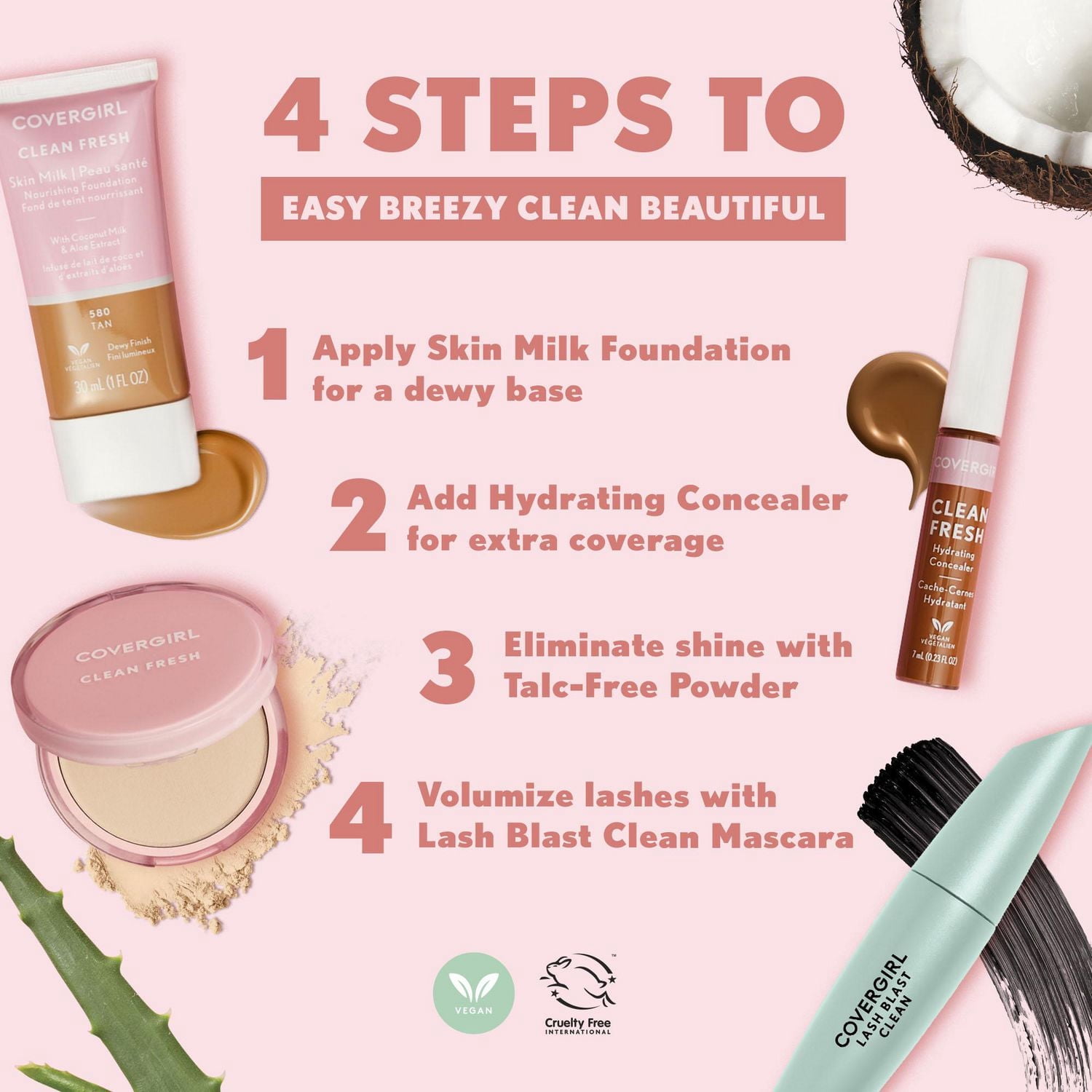 COVERGIRL Clean Fresh Healthy Look Poudre compacte, sans parabènes, sulfates, huile minérale ni talc, enrichie en lait de coco et extraits d'aloès, 100 % végétalienne et sans cruauté.