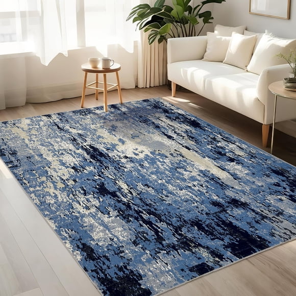 Tapis Moderne Abstrait – Lavable, Résistant aux Marques, Antidérapant, à Poils Courts pour Salon, Chambre, Chambre de Bébé, Bureau – Pliable, Bleu, 9x12 Pieds (274x366cm), Stock USA