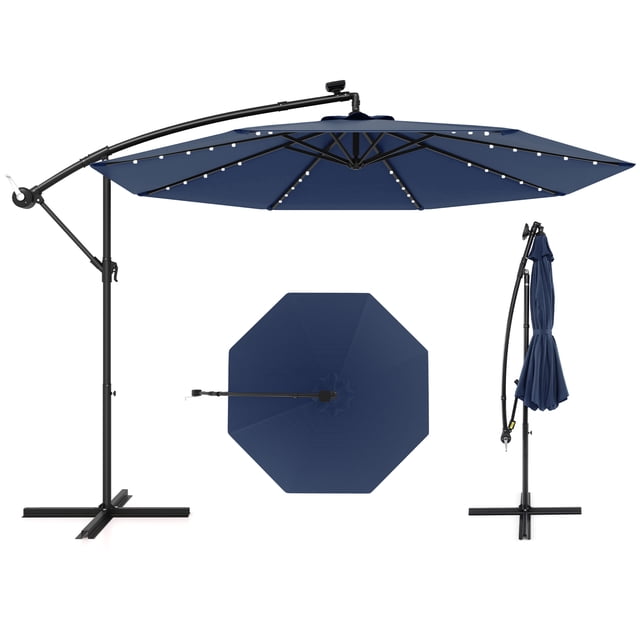 Gymax 10 Ft Solar LED 40 Lights Offset Umbrella Crank Cross Base Patio Navy