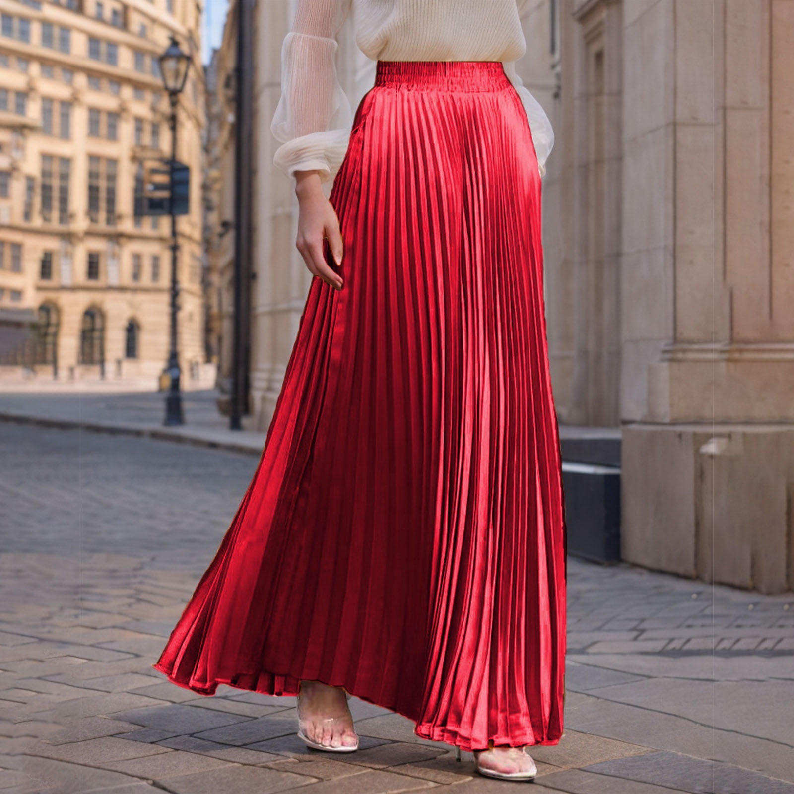 Miqool Womens Pleated A-Line Maxi Skirt High Waisted Swing Long