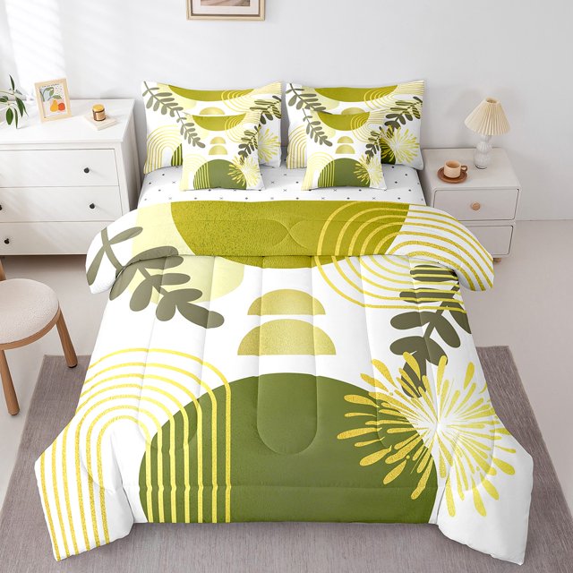 Boho Mid Century Comforter Set 7 Piece Bed in a Bag Twin, Abstract Geometric Modern Minimalist Bedding Sets,Geometry Line Art Sheet Set Circle Graphic Ombre Stripes Room Decor,Yellow
