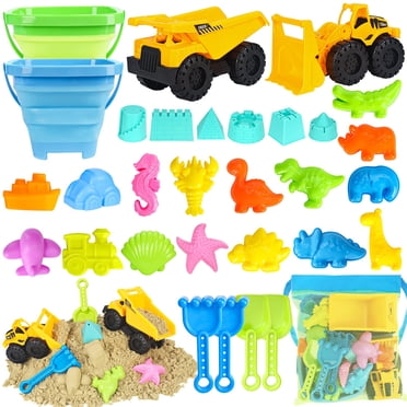 GRM Sand Toys, 31Pcs GRM, Sandbox Toys with 2 Truck 2 Collapsible Beach Bucket, Sand Castle Toys Kit, Animal Dinosaur Molds, Shovel Set, 2 Mesh Bag, Travel Toys for Boys Girls 3-10