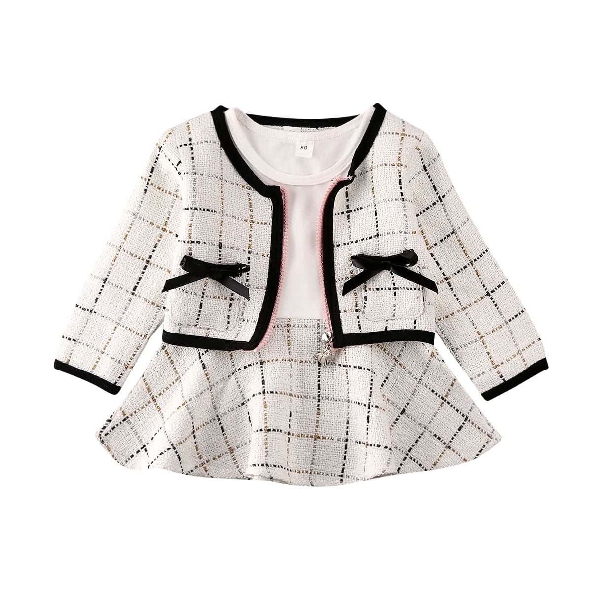 Gupgi Baby Girl Autumn Long Sleeve Patchwork A-Line Dress+Plaid Coat,2pcs Set