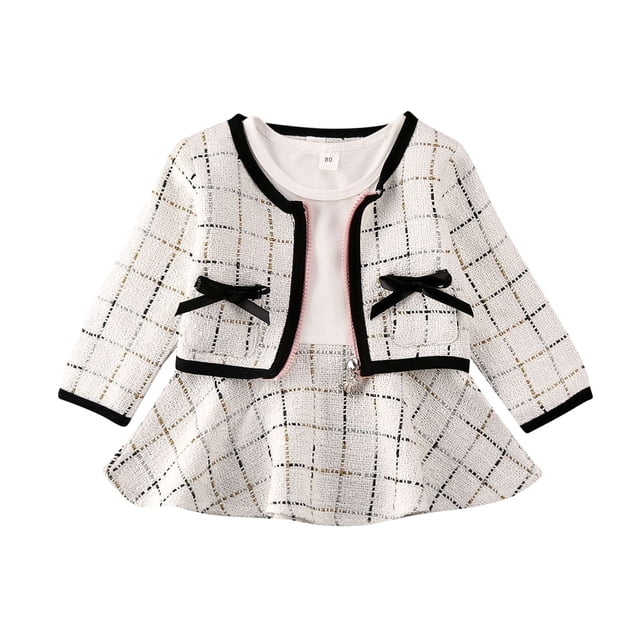 Gupgi Baby Girl Autumn Long Sleeve Patchwork A-Line Dress+Plaid Coat,2pcs Set