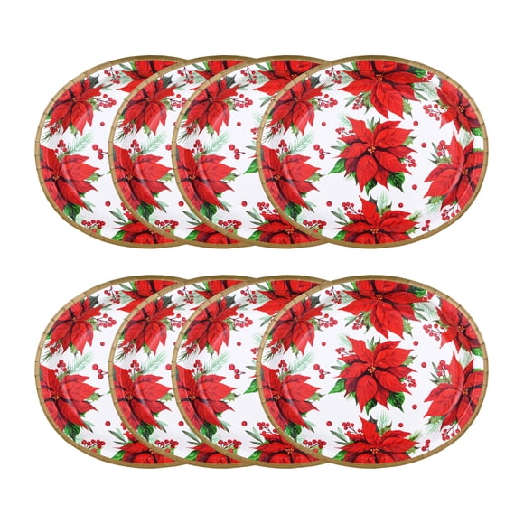 Christmas Multi Color Poinsettia Oval Paper Plate, 12.25 in x 10.25 in, 8 Count, Tableware Sets, Holiday Time