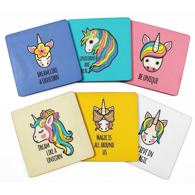 Inkdotpot Ensemble de 6 sous-Verres à Boisson Faciles à Nettoyer Base de sous-Verre Carrée de 4 Pouces en Liège - Réutilisable - Unicorn