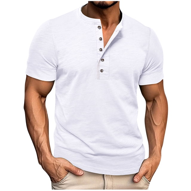 Besolor Chemises à Manches Courtes pour Hommes Été Classique Bouton Basique Tee-Shirt Col Rond Décontracté Hauts Athlétiques