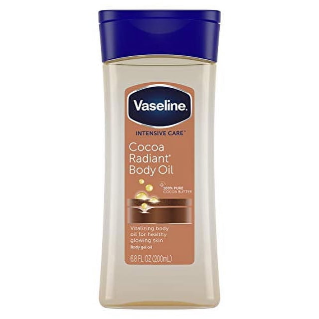 Vaseline Intensive Care Gel-Huile pour le Corps, Éclat Cacao, Bouteille de 6,8 oz avec Contenant Transparent et Capuchon Bleu. l'Étiquette Met en Valeur du Beurre de Cacao 100 % Pur et Ses Bienfaits Hydratants pour Peau Sèche et Terne, Idéal pour les routines de Soins du Corps.