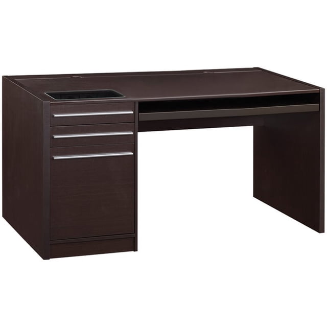 Bowery Hill Connect It Computer Desk in Cappuccino featuring a contemporary design with a solid cappuccino finish. The desk includes three drawers with euro glides, a center keyboard drawer, and a connect-it drawer for added functionality. Made from hollow board, melamine paper, MDF, and particle board, it measures 30.75 inches in height, 60 inches in width, and 30 inches in depth. The desk is accented with linear silver hardware pulls and has a finished back with melamine paper.