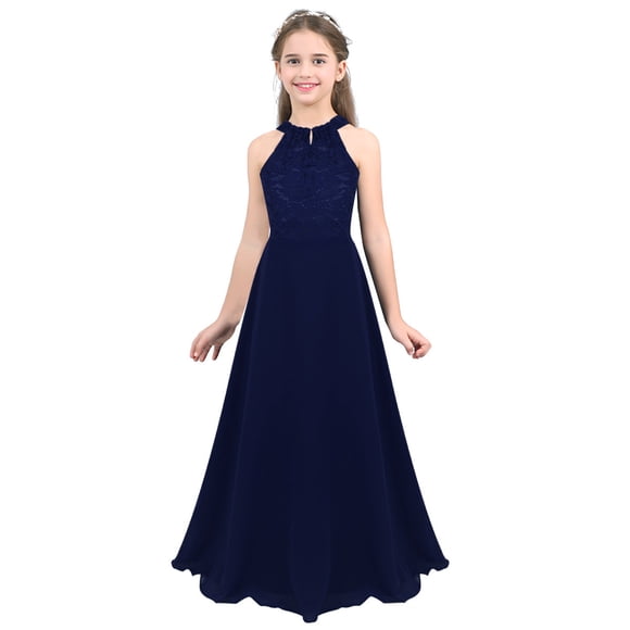 Riismen Kids Girls Flower Girl Dress Chiffon Sleeveless Floral Lace Dress Wedding Ceremony Costume Birthday Partywear Navy Blue 14