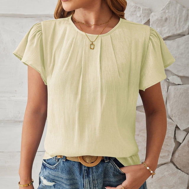 asjyhkr Womens Summer Tops Short Sleeve Crew Neck Pleated T Shirts Solid Color Fashion Tees