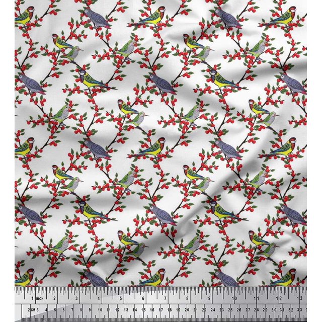Soimoi Silk Fabric Leaves,Red Berries & Parrot Bird Print Fabric by Yard 42 Inch Wide