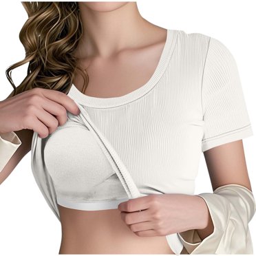 Plebaso Womens Built in Bra T Shirts Short Sleeve Ribbed Tops Casual Crew Neck Summer Cute Tee for Women