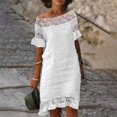 thumbnail image 2 of Robes pour Femmes en Coton et Lin Blanc à Manches Courtes, Dentelle Florale au Crochet, Robe T-Shirt d'Été Décontractée, Tunique Ample, Robe Droite, 2 of 6
