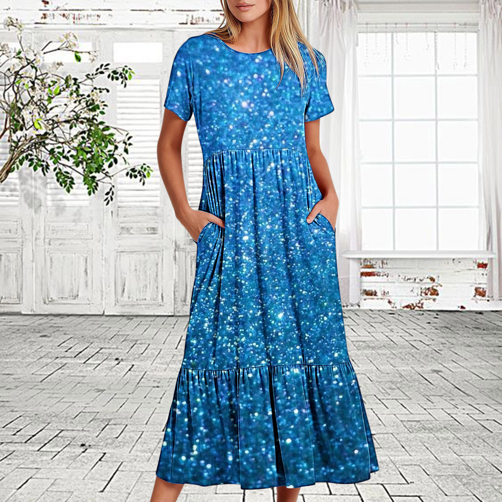 LOVZFMLL Robe d'Été Décontractée pour Femme à Manches Courtes et Col Ras du Cou, Robe Longue Fluide à Étages pour la Plage avec Poches, Robe à Imprimé Brillant Bleu Pâle 2TG
