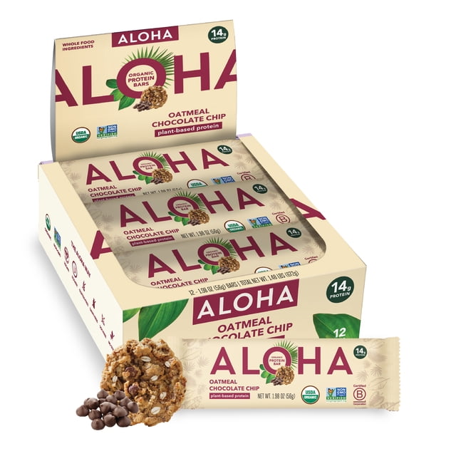 ALOHA Plant Based Protein Bars, Oatmeal Chocolate Chip flavor, displayed in a pack of 12. Each bar contains 14g of plant-based protein, is vegan, gluten-free, and made with USDA Organic ingredients. The packaging highlights certifications like Certified B Corp and Non-GMO Project Verified, alongside a visual of the oatmeal chocolate chip bar and chocolate chips.