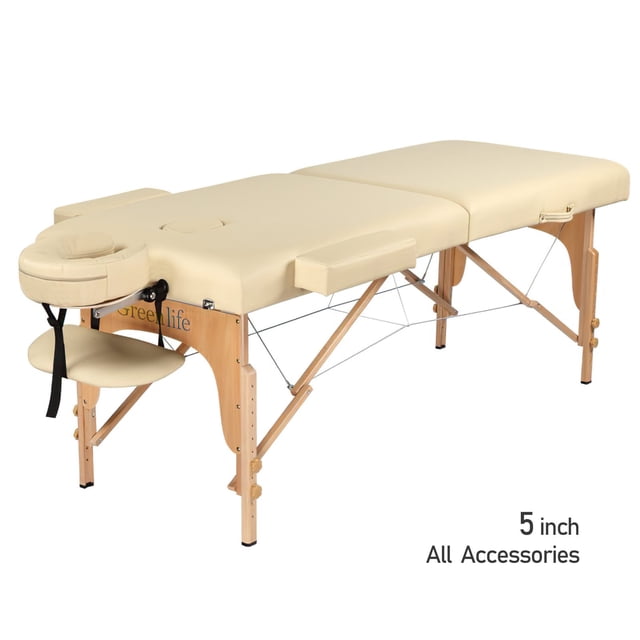 GreenLife® 2-Section 5" Luxury Wooden Super Stable Portable Massage Table - MTW122. This high-quality massage table features a two-section design with a beige cushioned surface, adjustable headrest, and armrest shelf. The sturdy wooden frame ensures stability, while the foldable design enhances portability. Suitable for professional or home spa use.
