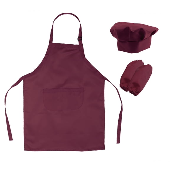 CIMAXIC Kids Chef Set Complete Kids Kitchen Gift Playset with Chef’s Hat Apron and Cooking Sleeve for Cooking Baking Painting Decorating Party (Wine Red),23.62"X17.72"X0.04"