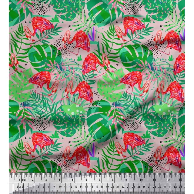 Soimoi Poly Georgette Fabric Tropical Leaves & Flamingo Bird Decor Fabric Printed Yard 52 Inch Wide