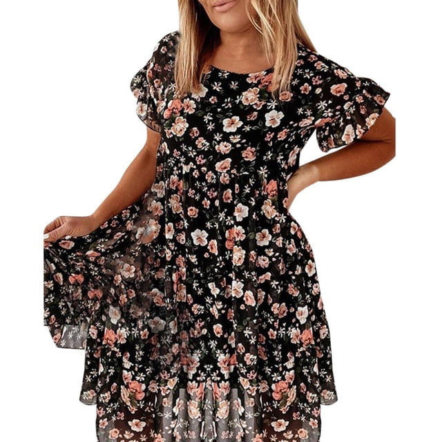 Ketyyh-chn99 Robes Jupes pour Femmes Vêtements Manches à Volants à Étages Robe Trapèze Courte Noir,G