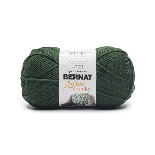Bernat® Softee® Chunky™ Yarn, Acrylic #6 Super Bulky, 14oz/400g, 431 Yards, dark green acrylic yarn skein with label, ideal for quick knit and crochet projects, machine washable and dryable, often used for warm garments and home décor