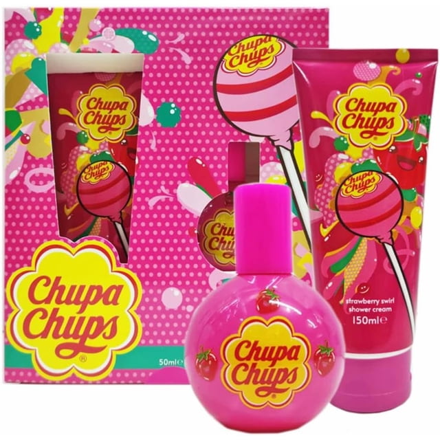 Chupa Chups Ensemble-cadeau Duo Tourbillon de Fraises Comprenant une eau de toilette de 50 ml et un gel Douche de 150 ml. l'Emballage Rose Vif Met en Valeur le logo Emblématique de Chupa Chups, un design à Pois Ludique et des Graphiques de Sucettes. l'Ensemble Offre un Doux Parfum Inspiré de la Fraise, Parfait pour un Usage Quotidien Ou comme Cadeau pour les Amateurs de Bonbons.