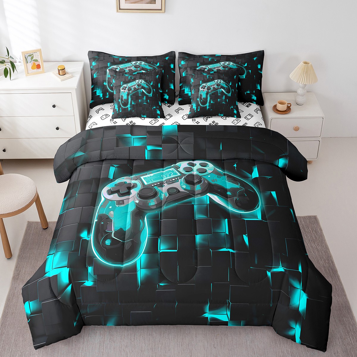 YST 7-Piece Twin Size Comforter Set, Gamepad Theme, Black and Teal