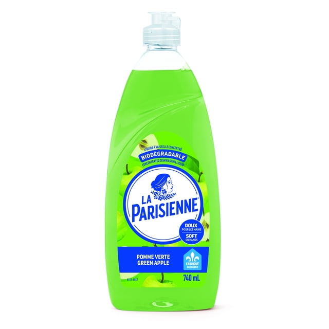 La Parisienne Savon à Vaisselle Liquide Vert Pomme en Bouteille Translucide de 740 ml avec Bouchon à Clapet Transparent, Formule Biodégradable, Doux pour les Mains, avec Graphiques de Pomme Verte et Fabriqué au Québec, Convient pour une Vaisselle Efficace au Quotidien.