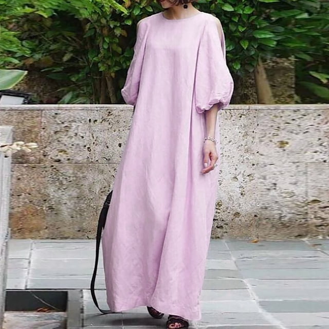 Gspmoly Robe pour Femmes, Robe Longue Unie à Manches Bouffantes Mi-Longues en Coton et Lin à Col Rond Ample, Mode pour Femmes, Robes de Cocktail pour Femmes, Cadeaux de Vacances