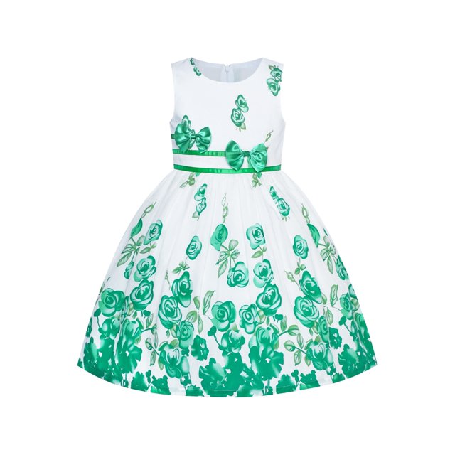 Robe Fille Verte Décontractée à Fleurs de Roses avec Double Nœud Papillon 4-5 Ans