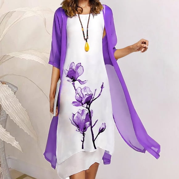 CHOK Mother of the Bride Dresses Womens Two-Piece Set Floral Print Midi Dress with Cardigan Chiffon Formal Party Sleeveless Plus Size Wedding Guest Dresses for Women 2024 Resort Wear